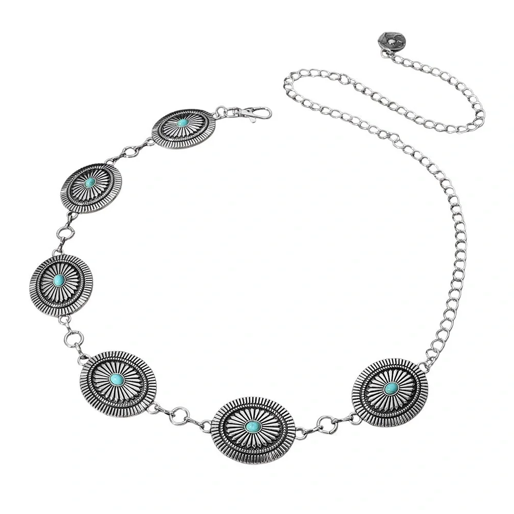 Silver Boho Vintage Western Turquoise Stone Concho Statement Belt